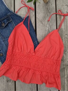 SIM & SAM| Pink/Coral Ruffled Smocked Waist Tie-Strap Tank Top Cotton Cami Sz XL